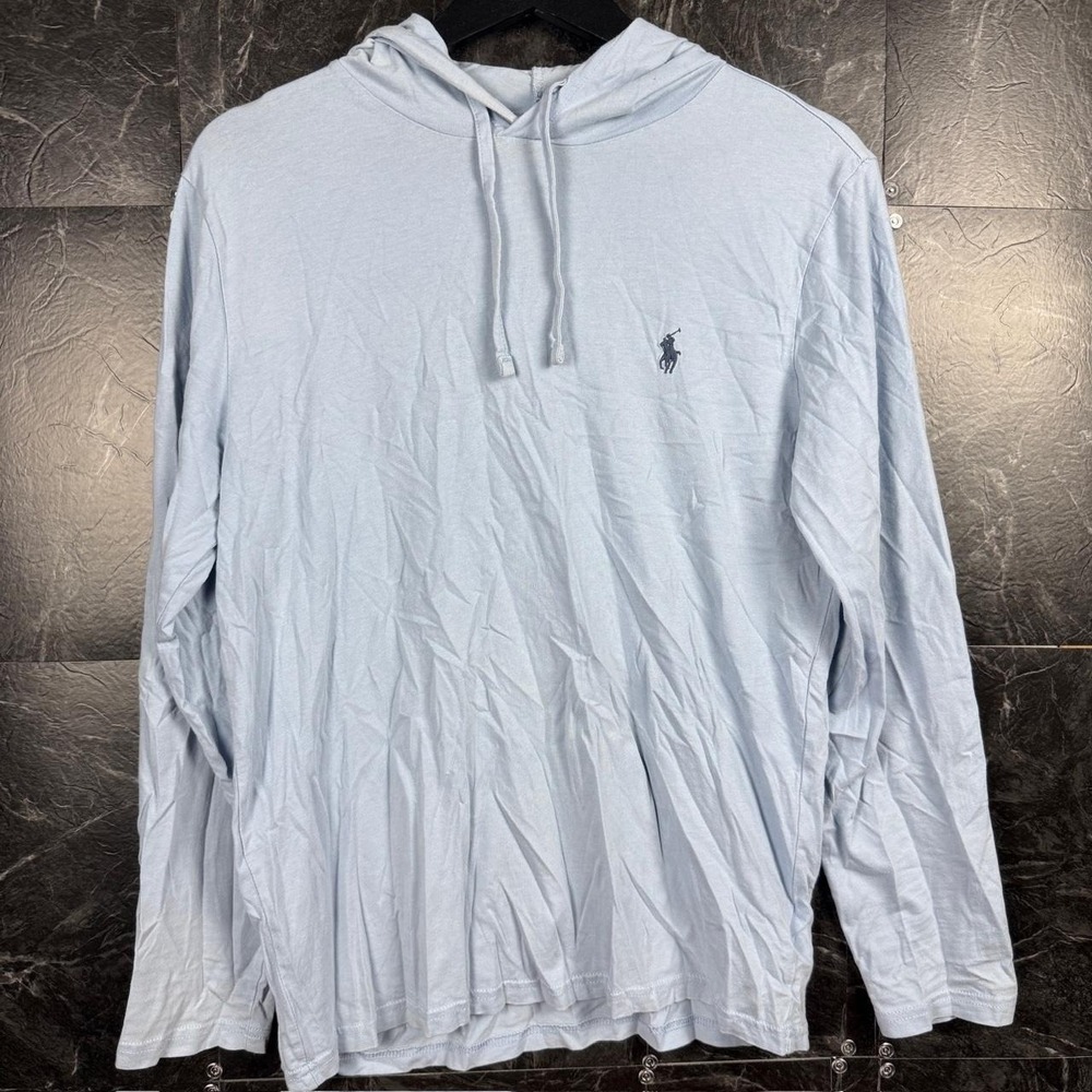 Polo Ralph Lauren Blue Pony Hooded Sleeve Jersey Shirt Small FLAW